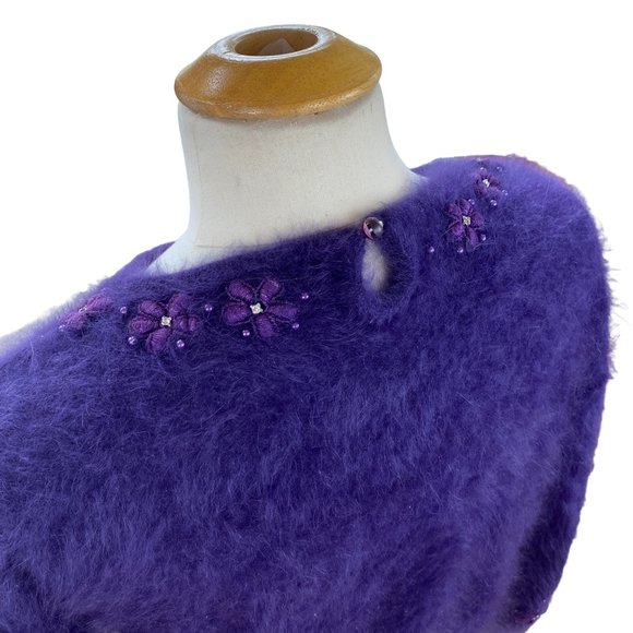 Vintage Angora Wool Sweater Purple Embroidered Flower Gems Dark Fairycore-L - Picture 10 of 14